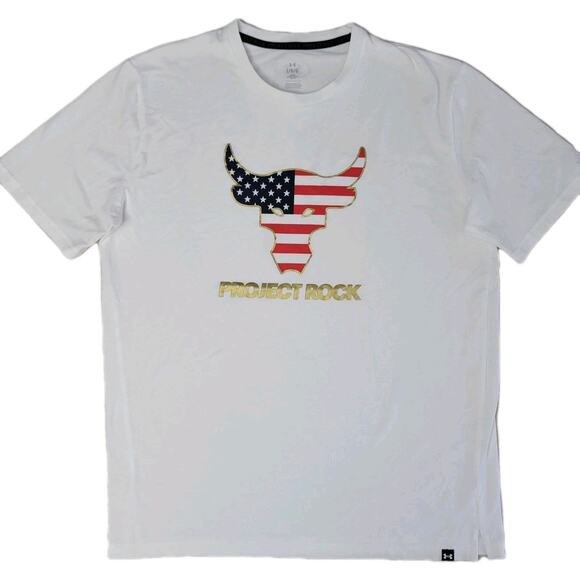 Under Armour Mens Project Rock Bull T Shirt Size L White Freedom Flag Patriotic - Picture 1 of 9